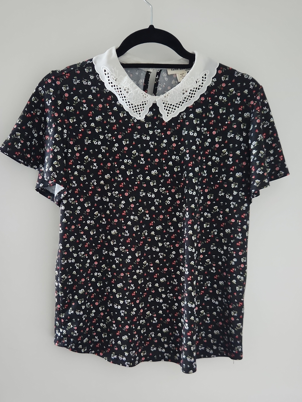 Black Floral Top with White Peter Pan Collar